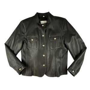 Pamela McCoy Black Leather Bike Jacket Chain Detail Breast Pockets Large